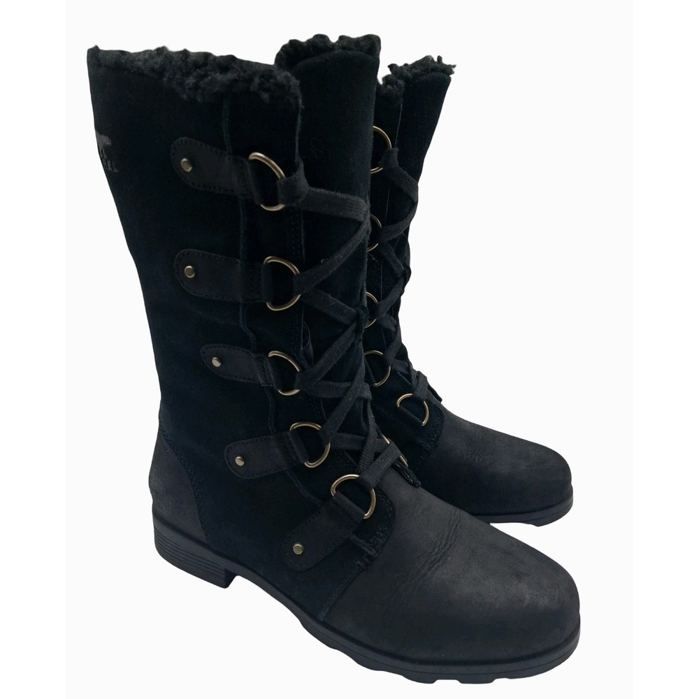 Sorel Boots Womens Size 10 Black Suede Lace Up Faux Fur Mid Calf NL2680-010